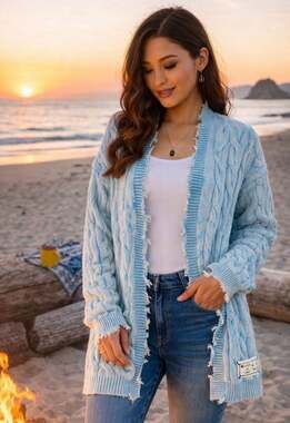 POL Acid Wash Blue Cable Knit Oversized Cardigan with Frayed Hem Size S